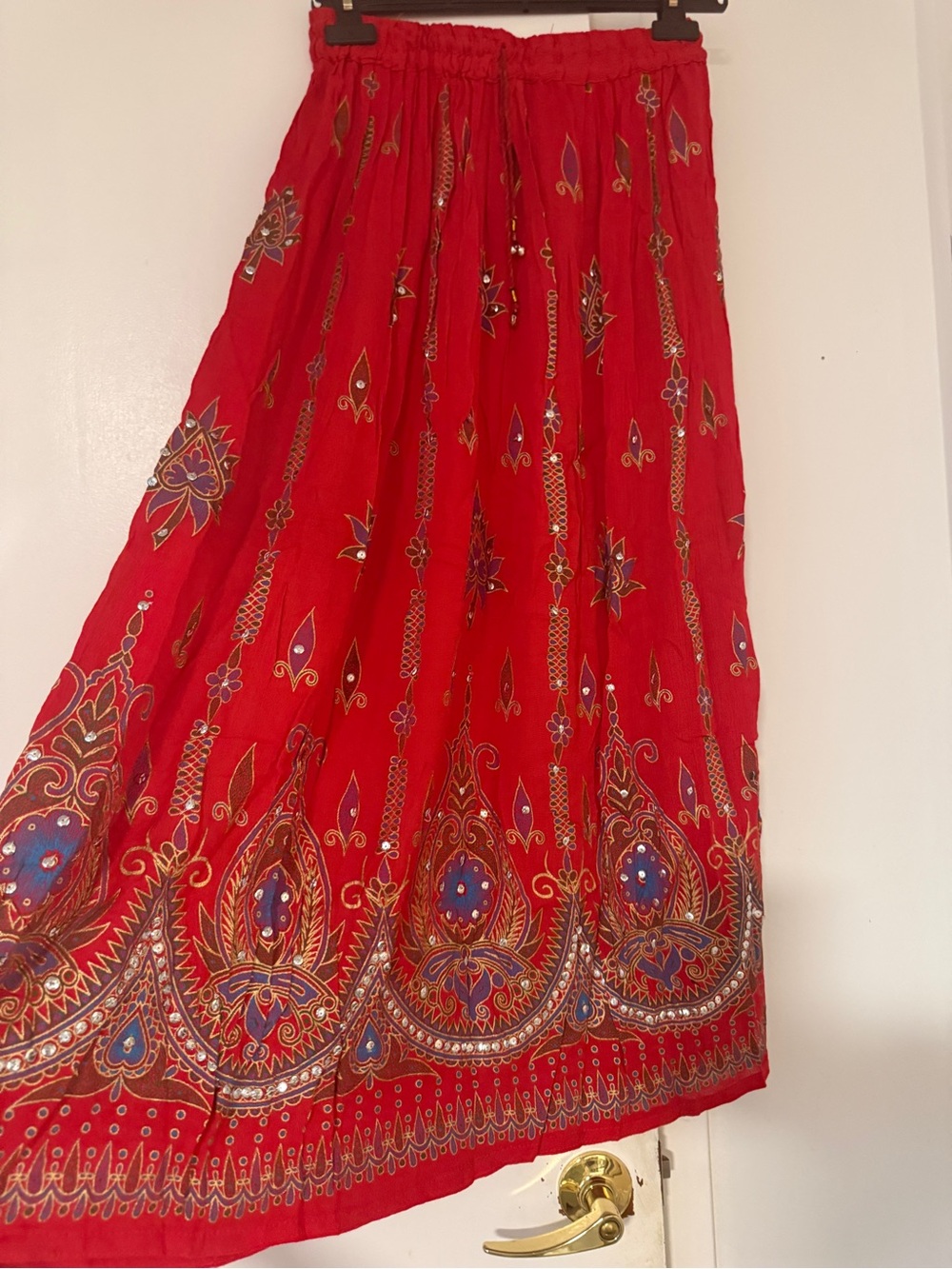 Red Bohemian Maxi Skirt with Ornate Print(New)
